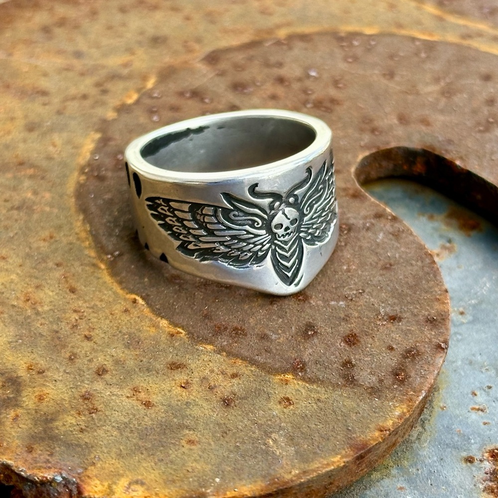 Hand stamped sterling silver Skull Moth Ring